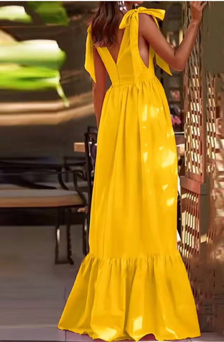 Robe Longue à Nœuds aux Épaules et Décolleté Plongeant