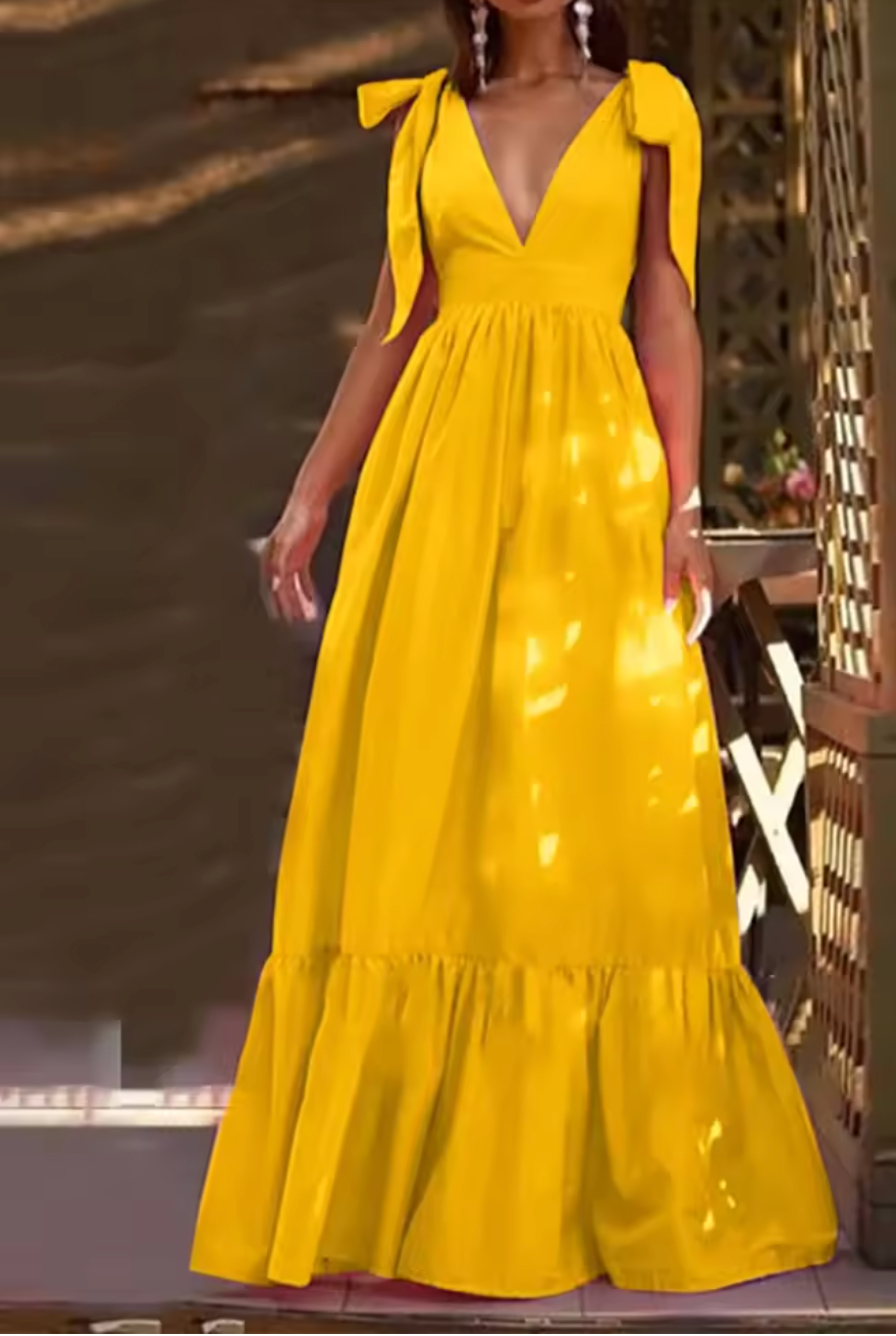 Robe Longue à Nœuds aux Épaules et Décolleté Plongeant