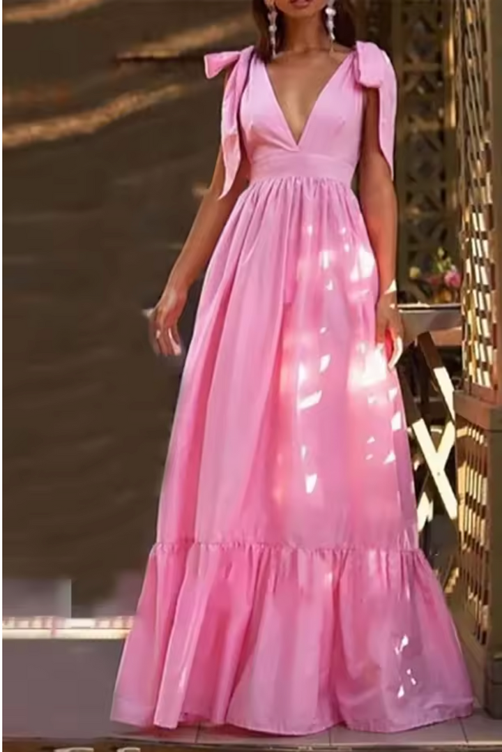 Robe Longue à Nœuds aux Épaules et Décolleté Plongeant