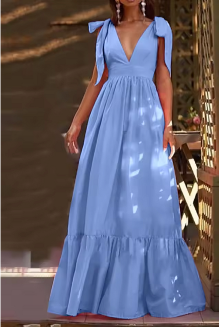 Robe Longue à Nœuds aux Épaules et Décolleté Plongeant