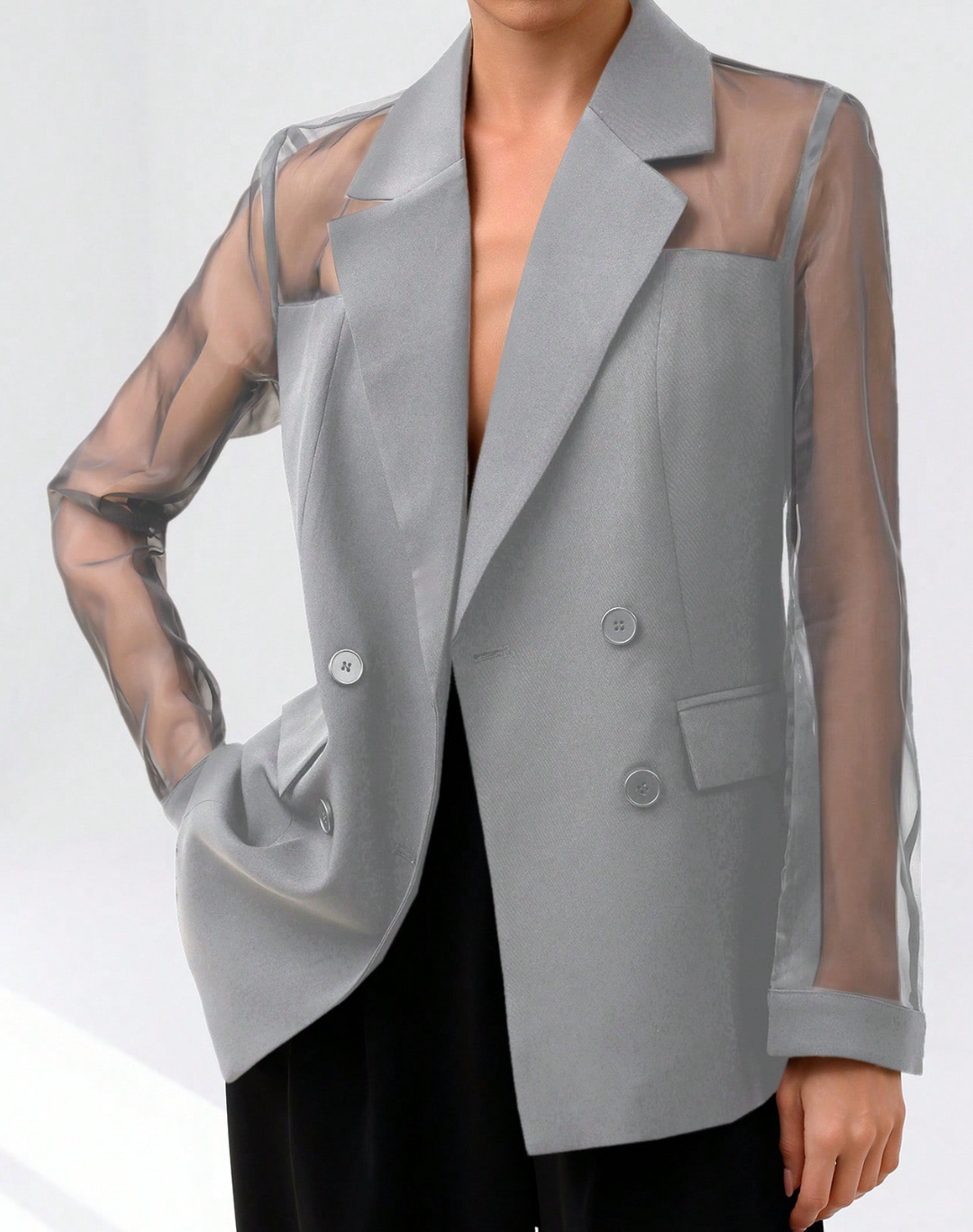 Veste transparente à manches organza et revers tailleur