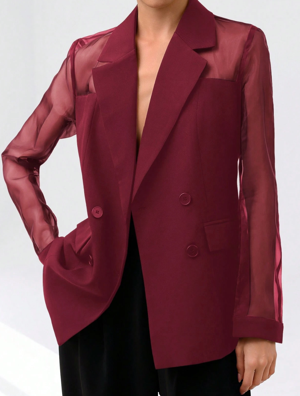 Veste transparente à manches organza et revers tailleur